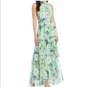 Alex Marie Size 10 Abstract Watercolor Green Floral Sleeveless Maxi Dress